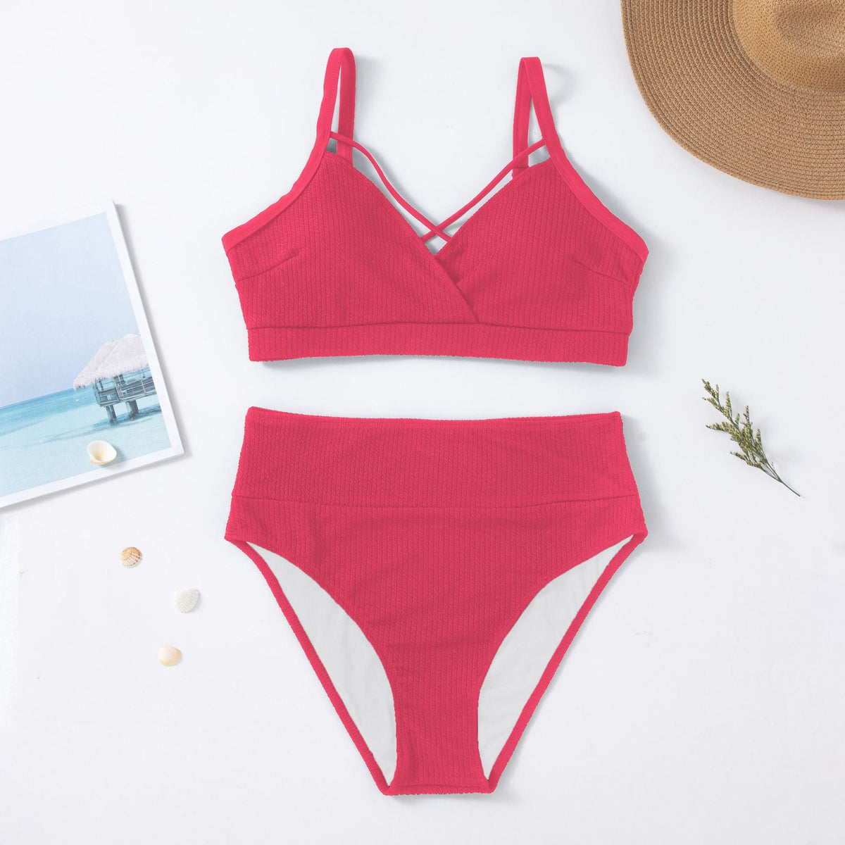 Bikini liso de talle alto con tirantes finos (tallas grandes)