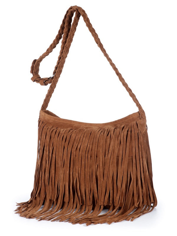 Bolso bandolera de hombro con flecos y acabado esmerilado