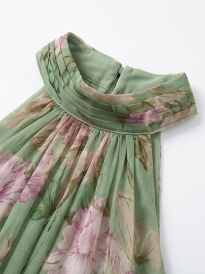 Vestido maxi de gasa verde floral con cuello halter