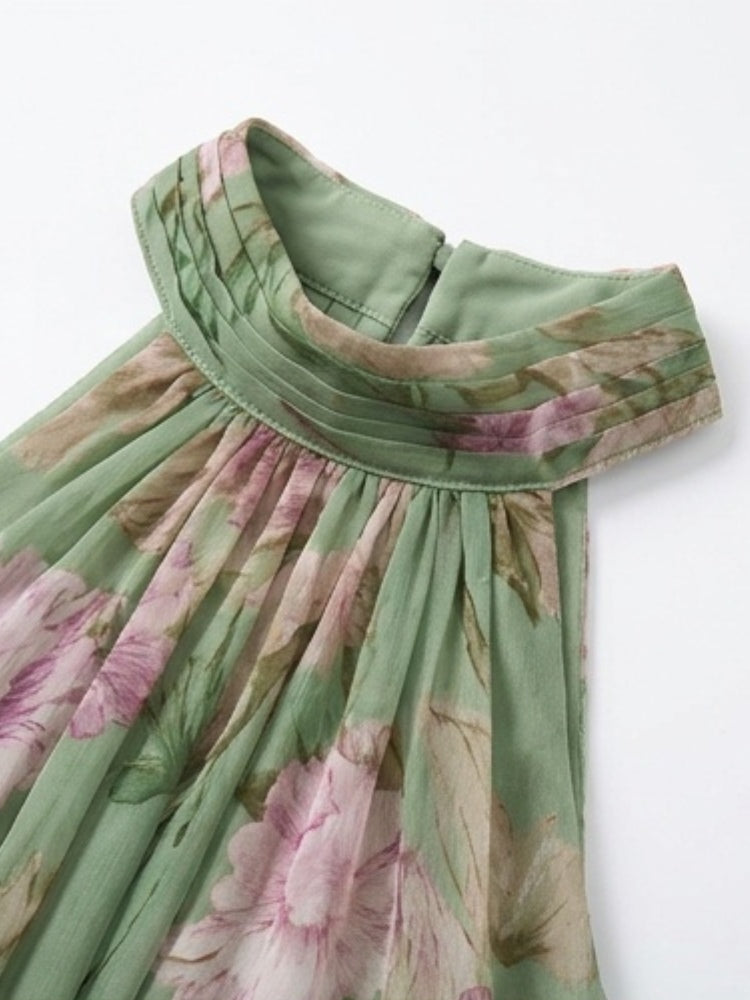 Vestido largo de gasa verde con flores y cuello halter
