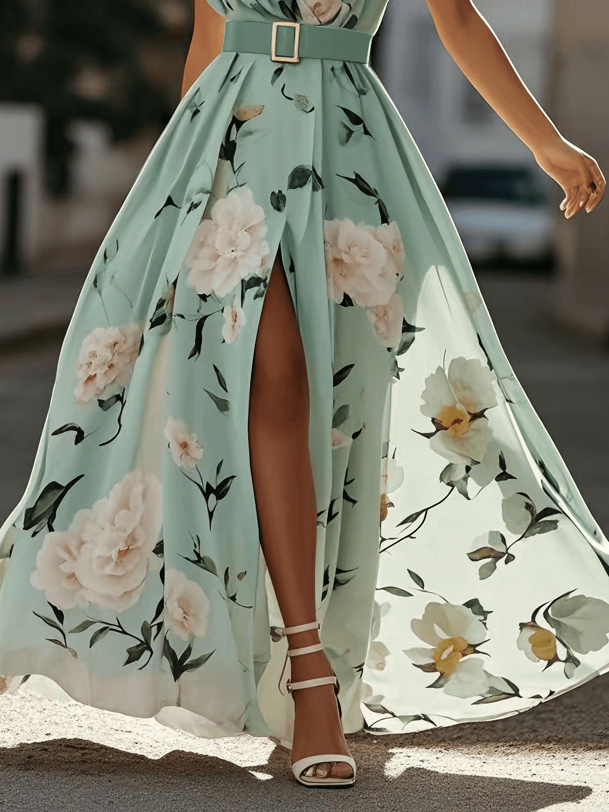 Vestido largo de gasa verde claro con flores, fruncido y de un solo hombro