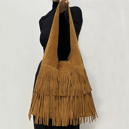 Bolso grande retro de ante color café con flecos