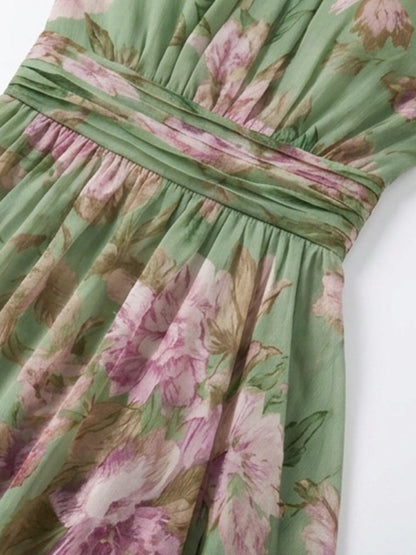 Vestido maxi de gasa verde floral con cuello halter