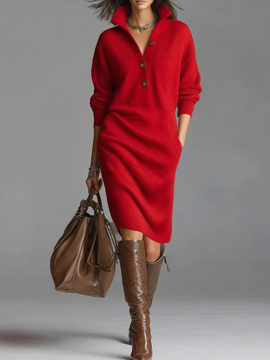 Vestido de punto holgado liso de manga larga con cuello alto