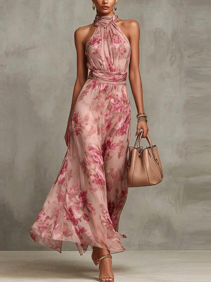 Vestido maxi de gasa verde floral con cuello halter