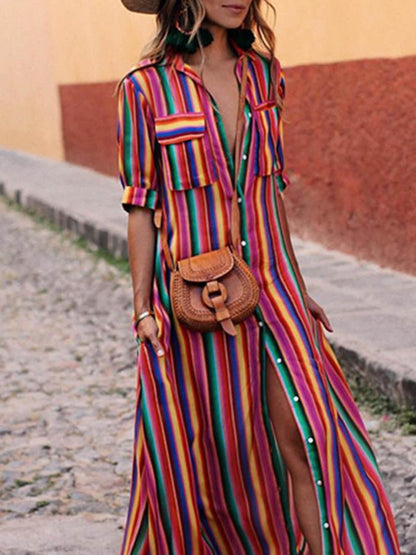 Conjunto casual de camisa de rayas y falda larga estampada