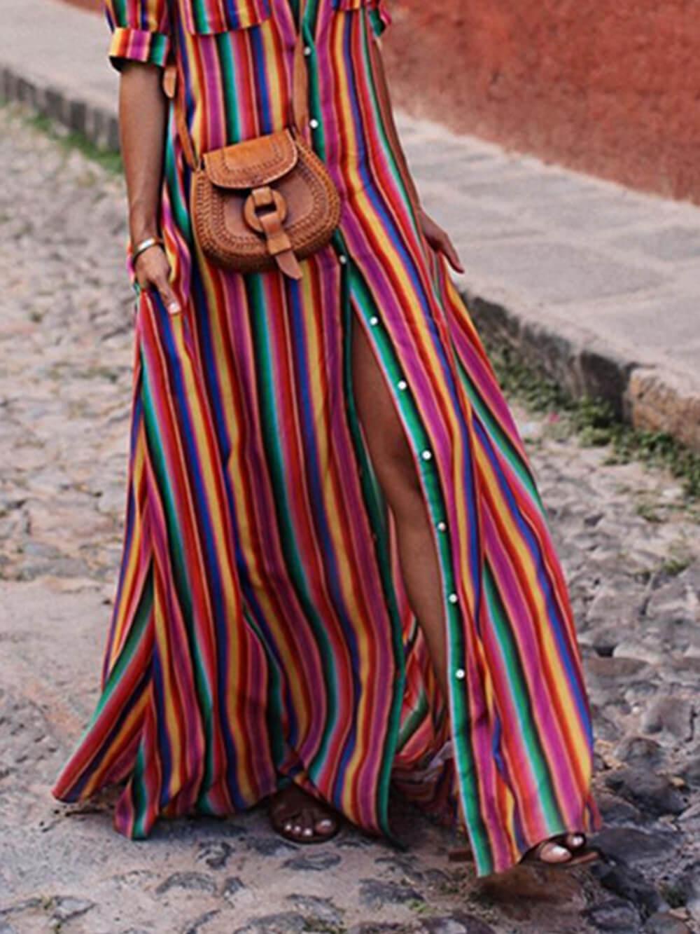 Conjunto casual de camisa de rayas y falda larga estampada