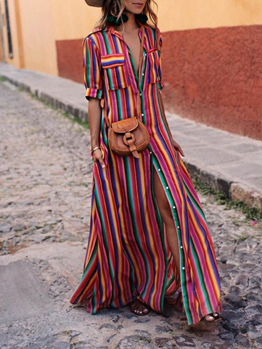 Conjunto casual de camisa de rayas y falda larga estampada