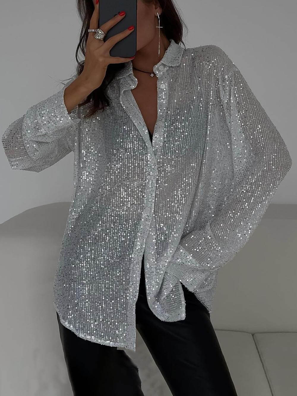 Camisa de manga larga con cuello y lentejuelas