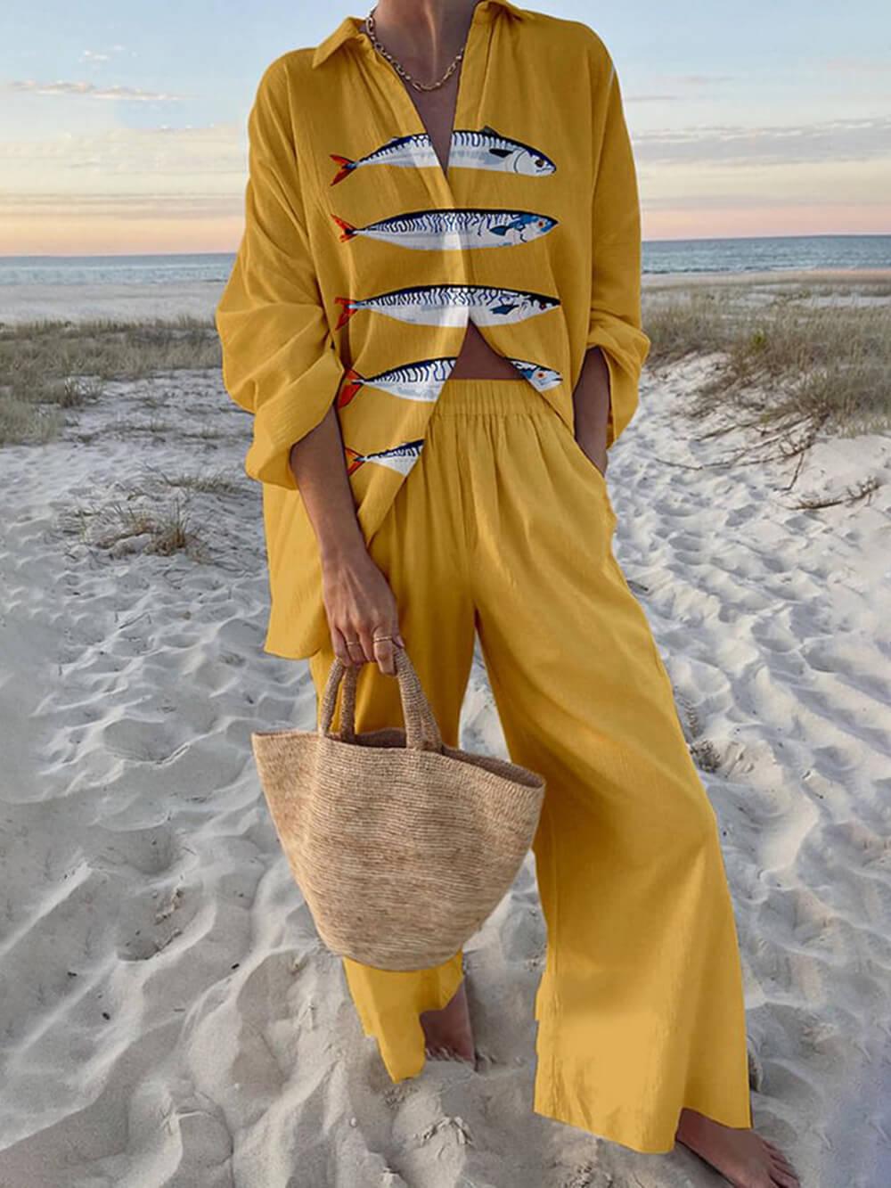 Conjunto de camisa oversize con estampado marino y pantalón de cintura elástica con bolsillos