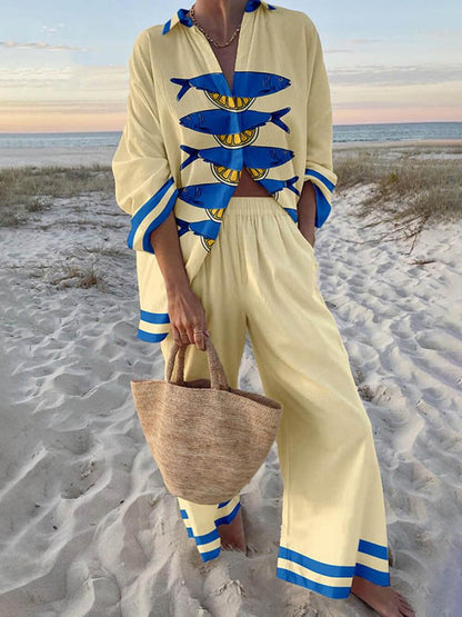 Conjunto de camisa oversize con estampado marino y pantalón de cintura elástica con bolsillos