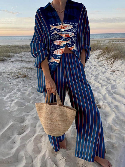 Conjunto de camisa oversize con estampado marino y pantalón de cintura elástica con bolsillos