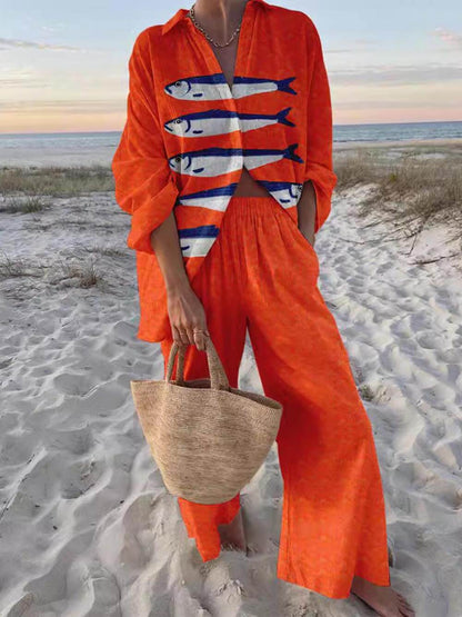 Conjunto de camisa oversize holgada estampada y pantalón de pierna ancha