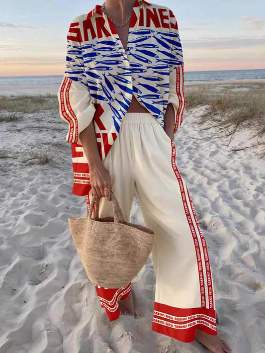 Conjunto de camisa oversize holgada estampada y pantalón de pierna ancha