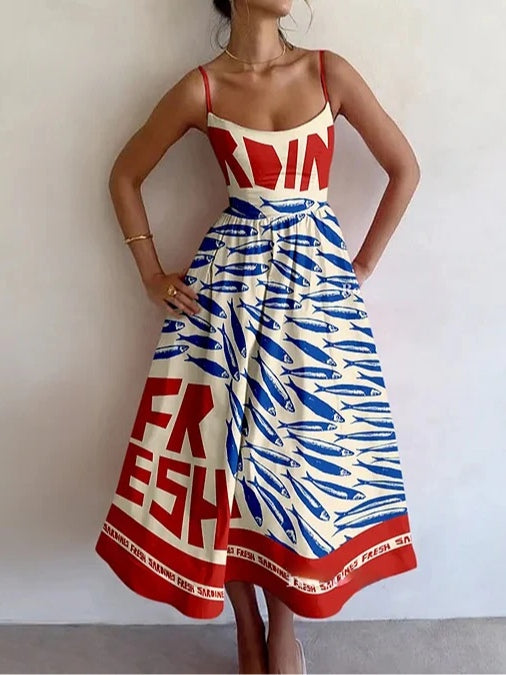 Vestido de tirantes vintage con estampado de sardinas
