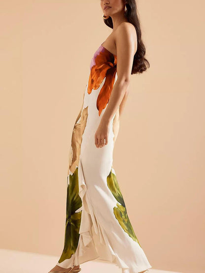 Elegante vestido largo de un solo hombro con estampado floral