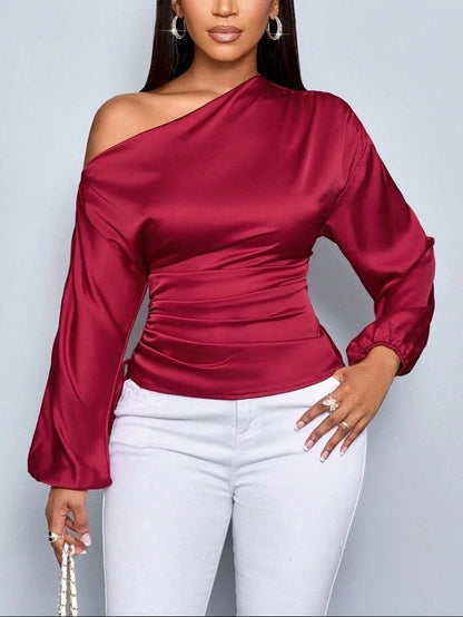 Blusa de satén asimétrica de manga larga con cuello cruzado para mujer
