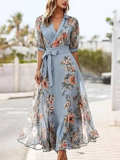 Vestido midi con estampado floral, cuello en V, manga corta y lazo en la cintura