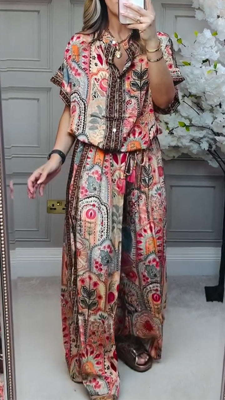 Conjunto casual holgado estampado con cuello redondo
