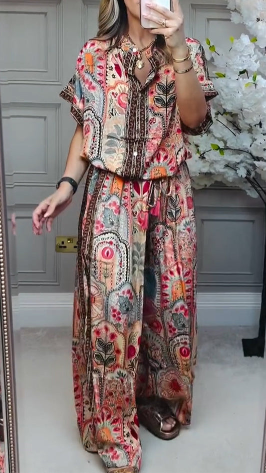 Conjunto casual holgado estampado con cuello redondo