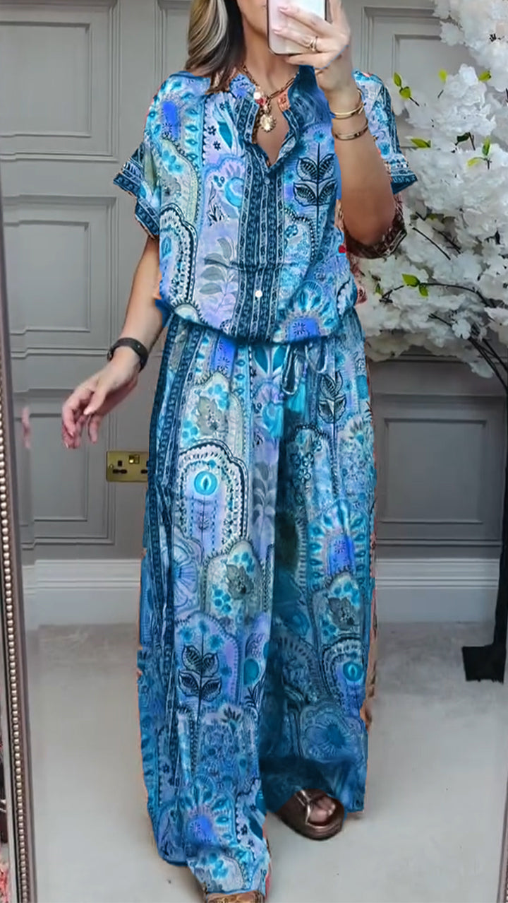 Conjunto casual holgado estampado con cuello redondo