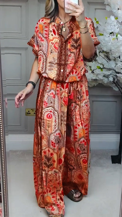 Conjunto casual holgado estampado con cuello redondo