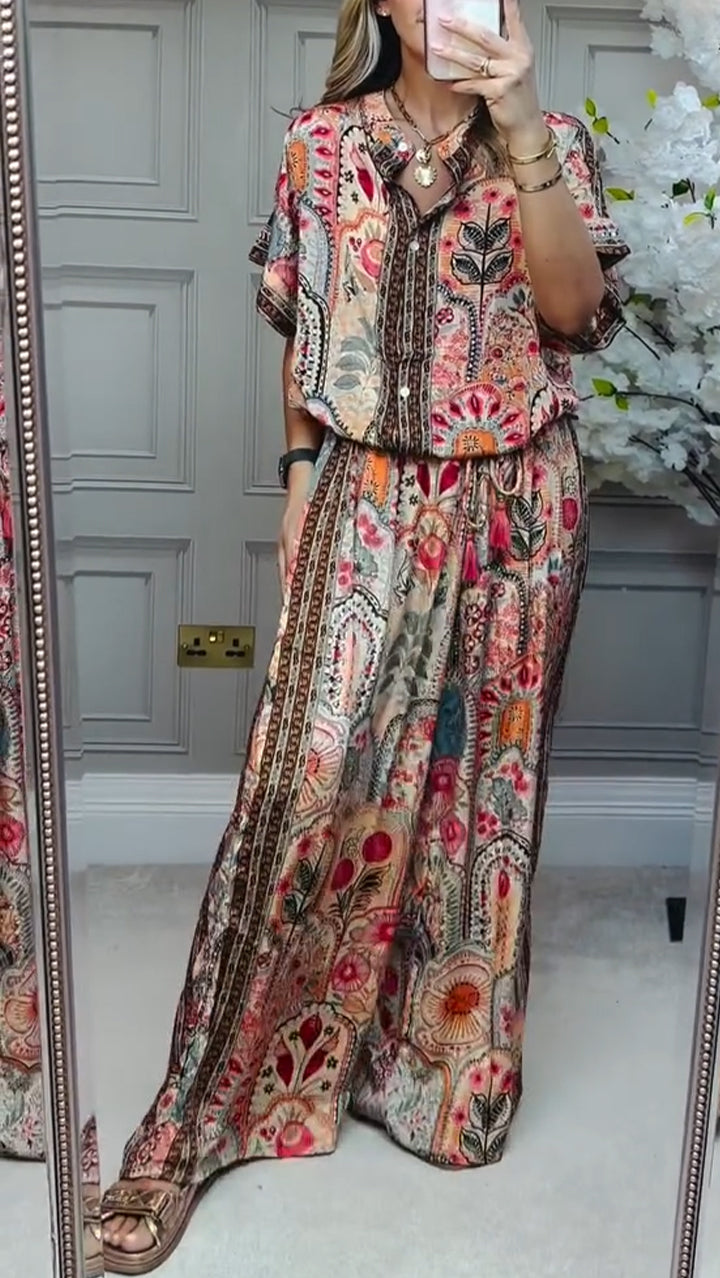 Conjunto casual holgado estampado con cuello redondo