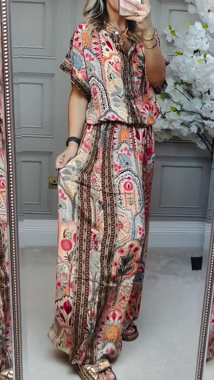 Conjunto casual holgado estampado con cuello redondo
