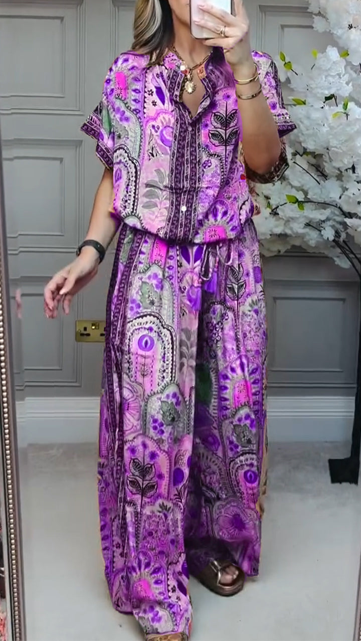 Conjunto casual holgado estampado con cuello redondo