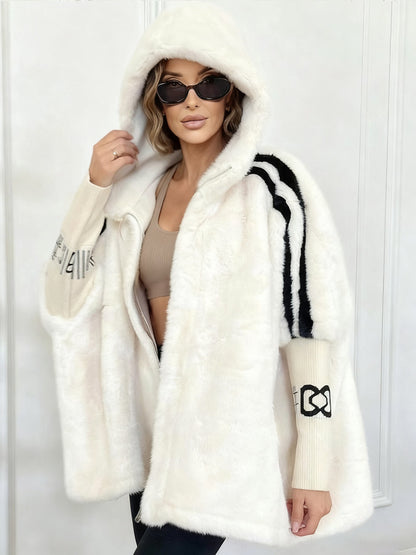 Abrigo casual de peluche con capucha y estampado de rayas verticales