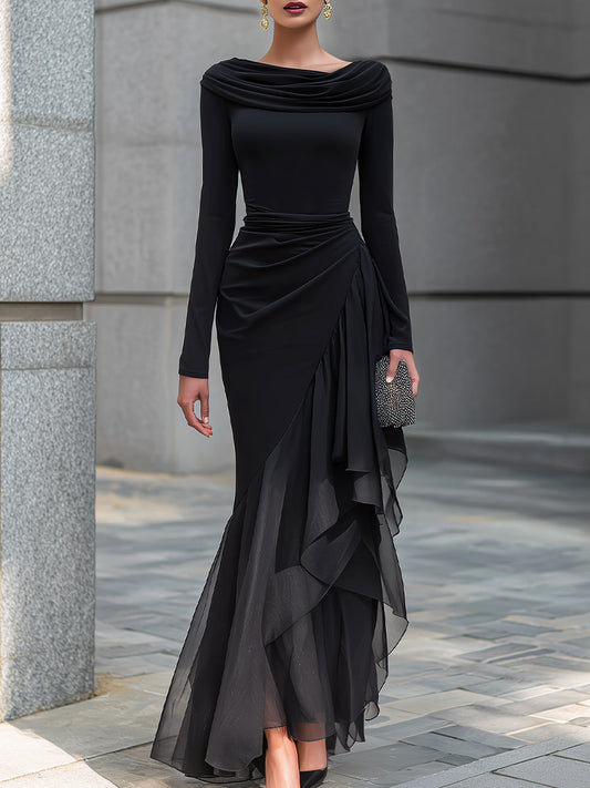 Vestido maxi sirena negro drapeado de hombros descubiertos, cuello desbocado, manga larga y volantes de gasa