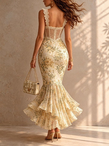 Vestido midi sirena floral romántico con ribete de encaje