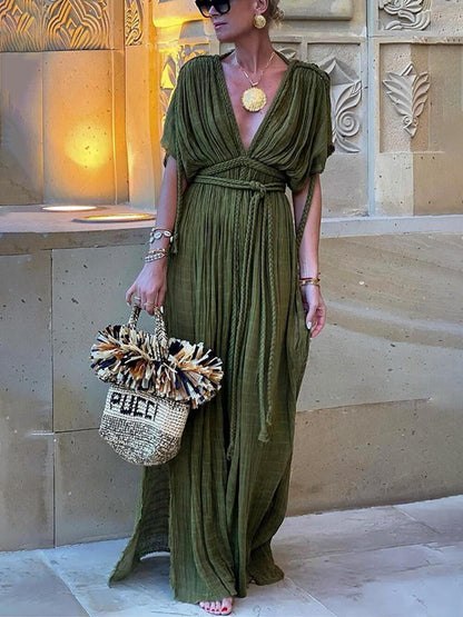 Vestido largo tipo kimono drapeado con trenzados y abertura