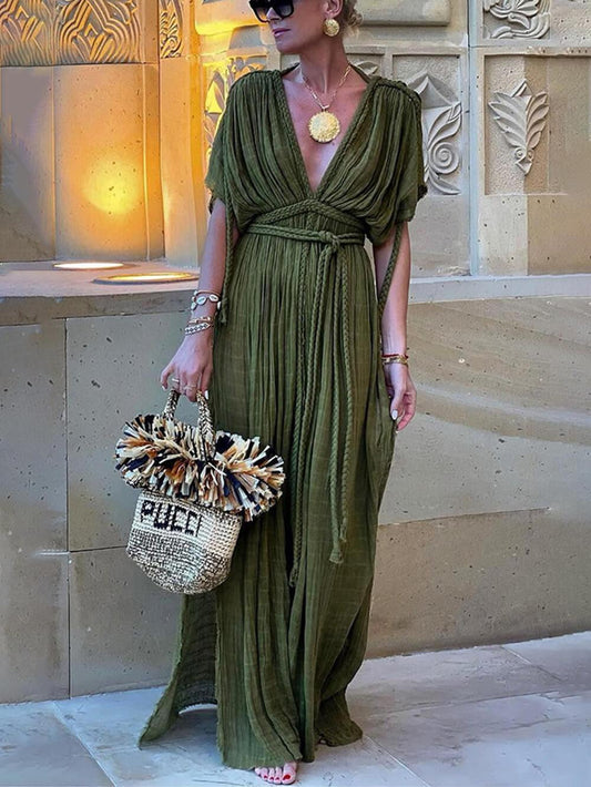 Vestido largo tipo kimono drapeado con trenzados y abertura