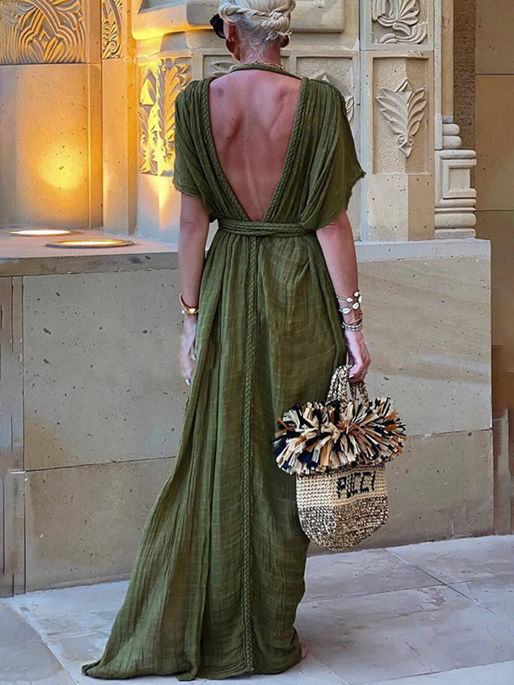 Vestido largo tipo kimono drapeado con trenzados y abertura