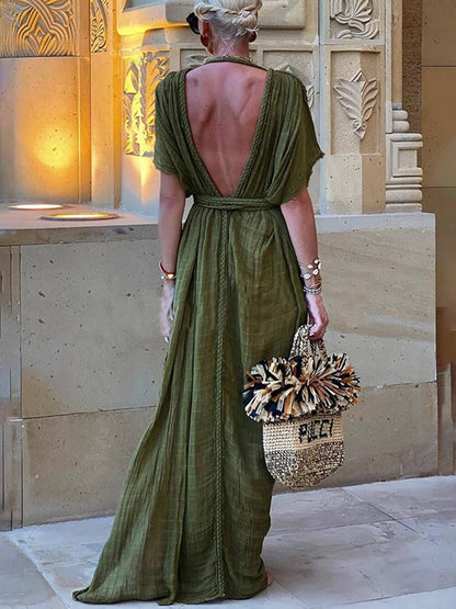 Vestido largo tipo kimono drapeado con trenzados y abertura