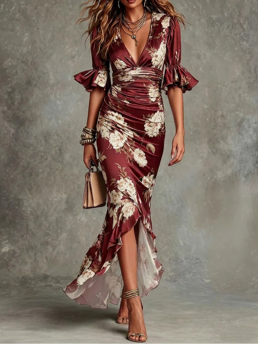Vestido maxi asimétrico de satén verde floral con escote en V y mangas acampanadas con volantes