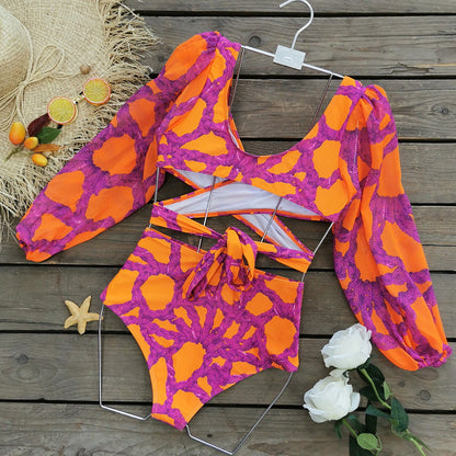 Bikini de manga larga de tul con cuello en V y falda