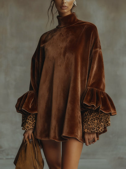 Minivestido de terciopelo con manga de volante y puños de leopardo