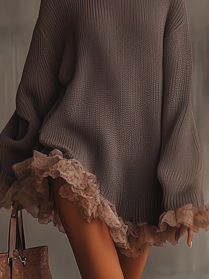 VALENTINA | Vestido jersey de punto cálido con cuello alto y volantes