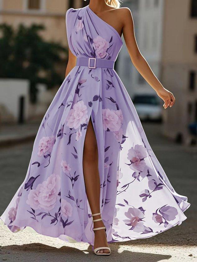 Vestido largo de gasa verde claro con flores, fruncido y de un solo hombro
