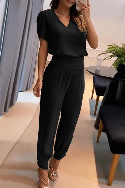 Conjunto casual de dos piezas: top estampado de manga corta con cuello en V y pantalón largo
