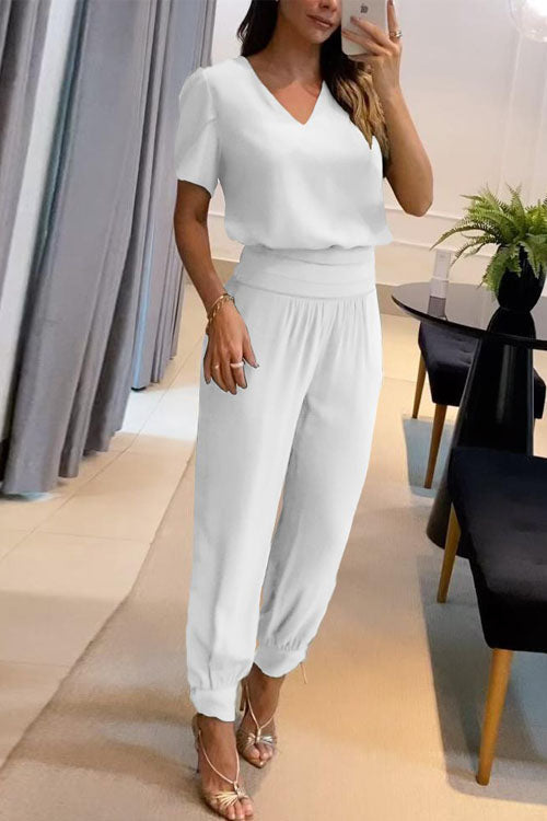 Conjunto casual de dos piezas: top estampado de manga corta con cuello en V y pantalón largo