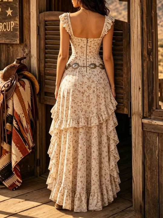 Vestido maxi bohemio floral de volantes escalonados con abertura alta (cinturón no incluido)