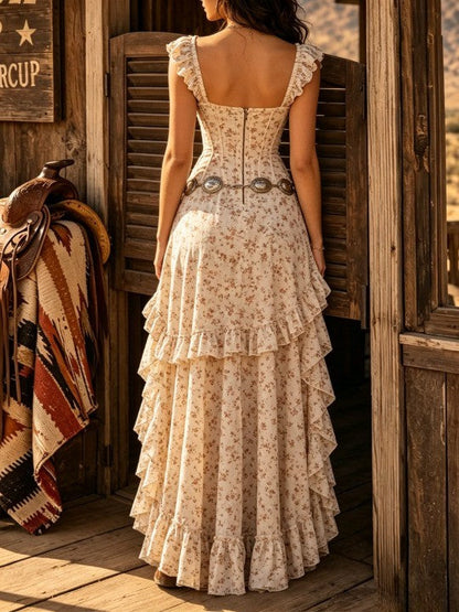 Vestido maxi bohemio floral de volantes escalonados con abertura alta (cinturón no incluido)