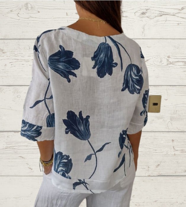 Camisa estampada de lino y algodón con cuello en V