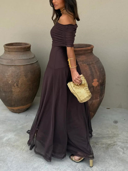 Vestido largo marrón de malla de un solo hombro