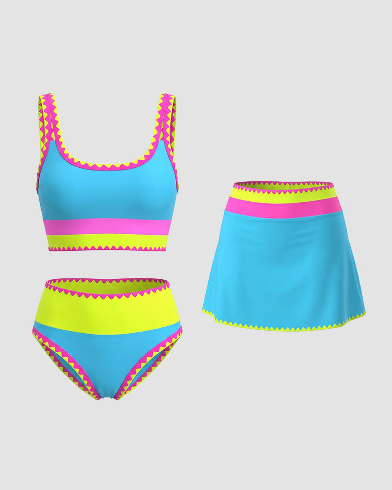 Bikini deportivo de 3 piezas de nailon con patchwork en contraste