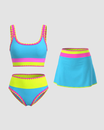 Bikini deportivo de 3 piezas de nailon con patchwork en contraste