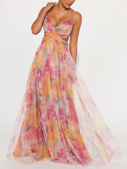 Elegante vestido largo en línea A con flores pintadas y cuello en V